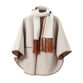 Oatmeal beige wool cape poncho set with brown stitch detailing and matching fringed scarf - 120x70cm / Shrimp Color