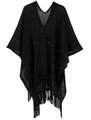 Châle noir en maille ajourée pour femme avec col en V et longues franges élégantes - Noir
