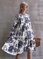 Elegant white midi dress with blue floral print, V-neck and lantern sleeves for women - S / Blue & White