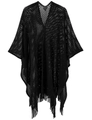 Poncho tricoté noir pour femme avec détails ajourés, longues franges et maille filet - Noir
