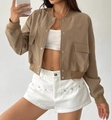 Detail of khaki cropped bomber jacket featuring stand collar and large flap pockets - XS / Khaki