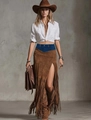 Detail of western style brown suede skirt with fringe hem and blue patchwork design - M / Coffee