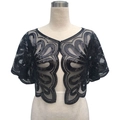 Kurze schwarze Pailletten-Bolero-Jacke aus Mesh mit eleganten Wellenmustern und offener Front - Schwarz