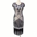 Vintage Art Deco Kleid mit silbernen Pailletten, ärmellos und mit schwarzen Fransen - M / Silber