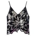 Sexy schwarzes Halfter-Top mit silbernem Pailletten-Blumenmuster und Wellensaum - Einheitsgröße / Schwarz Silber