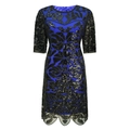 Abito da sera blu reale con paillettes ricami floreali neri e orlo smerlato - M / Blu