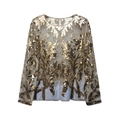 Elegant long sleeve sheer top with golden sequins and intricate leaf patterns on mesh fabric - L / Apricot