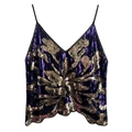 Sexy lila V-Ausschnitt Pailletten-Haltertop mit goldenen Mustern und Wellensaum-Design - Einheitsgröße / Schwarz & Gold