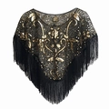 Vintage 1920s style black mesh shawl with gold sequins and fringe tassels for parties - Black + Gold