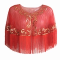 Detail of red mesh shawl with gold sequin embroidery and decorative beaded tassels - Red Gold
