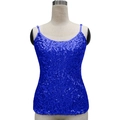Detail of blue sequined camisole top with thin straps on a beige mannequin - One Size / Tops / Blue