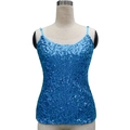 Close-up of shimmering blue sequins on slim strap tank top for parties and events - One Size / Tops / Sky Blue