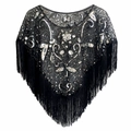 Detailed view of black vintage shawl with silver sequins, beads and long fringe hem - Black + Silver
