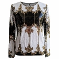 Sparkly sequin long sleeve blouse with intricate gold and black baroque patterns for women - XS / Black & White