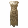 Golden 1920s Gatsby vintage sequin dress with Art Deco geometric patterns and fringe - S / Apricot Gold