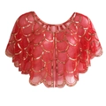 Detail of red mesh shawl with golden wave-pattern sequins for vintage evening wear - One Size / Red Gold