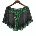 Close-up of vintage 1920s style black mesh shawl with green sequins and gold beading detail - Dark Green