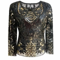 Funkelnde schwarze Mesh-Langarmbluse mit goldener Pailletten-Blumenstickerei - XS / Schwarz