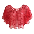 Detail view of red sequin shawl with elegant scalloped edges and scale pattern embroidery - One Size / Red