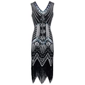 Detalle de vestido vintage de 1920 con lentejuelas brillantes y flecos largos negros - S / Negro Plata