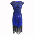 1920s vintage Gatsby sequin dress in royal blue with black fringe trim details - S / Blue