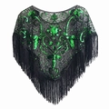Vintage 1920s black mesh cape with green sequins and long fringe tassels for parties - Black+Green