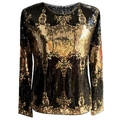 Sparkly black and gold sequin long sleeve blouse with elegant vintage floral patterns - XS / Black & Gold