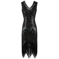 Vestido vintage años 20 estilo Gatsby de lentejuelas negras y plateadas con flecos - S / Negro