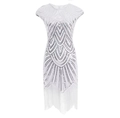 Detail of white 1920s Gatsby style dress featuring sequins and long fringe hem - S / White