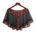 Detail showing vintage black mesh shawl with red sequin embroidery and scroll patterns - Black Red
