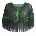 Vintage 1920s black mesh cape with green sequins, vine patterns and long fringe tassels - Dark Green
