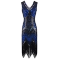 Vestido vintage años 20 estilo flapper azul marino con cuello en V, lentejuelas y flecos - S / Negro y Azul