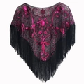 Exquisite 1920s vintage black mesh shawl with rose red sequins and fringe tassels - Black + Rose Pink