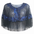 Detail of vintage black mesh shawl with blue sequins, scroll patterns and long tassels - Black and Blue