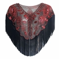 Vintage 1920s style black mesh shawl with red sequins and long tassels for evening dresses - Black Red