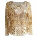 Damen Goldene Pailletten-Langarmbluse aus Mesh mit glitzernden Perlen für Partys - XS / Apricot-Gold