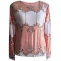 Detailed view of pink and white sequins embroidery with floral patterns on a long sleeve top - XS / Lotus root pink