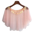 Detailed close-up of pink lace evening capelet with iridescent sequins and mesh texture - One Size / Pink