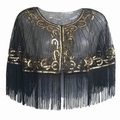 Chal vintage años 20 de malla negra con lentejuelas doradas y flecos largos - Negro y Oro
