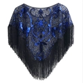 Vintage 1920s evening shawl with royal blue sequins and elegant black fringe details - Black+Blue