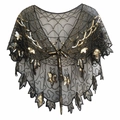 Cape vintage des années 1920 en résille noire avec paillettes dorées et broderie papillon - Taille unique / Noir & Or