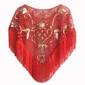 Detail of red mesh shawl with gold floral sequins and long fringe for evening parties - Red + Gold