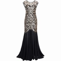 Elegant 1920s vintage evening gown with gold sequins and black pleated mermaid skirt - S / Black & Gold