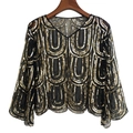 Black mesh short shrug with sequins and bell sleeves for 1920s evening party dresses - U-Pattern Black Gold