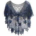 Détail d'un châle en résille des années 1920 avec paillettes bleues et broderies papillon - Taille unique / Bleu Marine