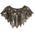 Elegant 1920s vintage black mesh capelet with gold sequins and geometric leaf pattern - One Size / Black & Gold