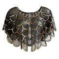 Vintage 1920s Gatsby black mesh shawl with gold sequins and elegant scalloped edges - One Size / Black & Gold