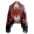 Detail of black mesh evening shawl with red sequins floral patterns and long fringe trim - Black Red
