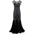 Retro 1920er Gatsby Abendkleid in Schwarz mit Pailletten, Perlen und Meerjungfrau-Saum - S / Schwarz Silber
