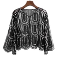 Detail of black mesh shawl featuring silver sequins in geometric U-shaped patterns - U-Pattern Black Silver